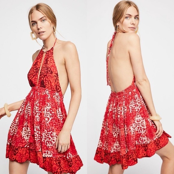 FREE PEOPLE BEACH DAY RED BLOCK PRINT HALTER TIE OPEN BACK SWING DRESS XS - Picture 1 of 16